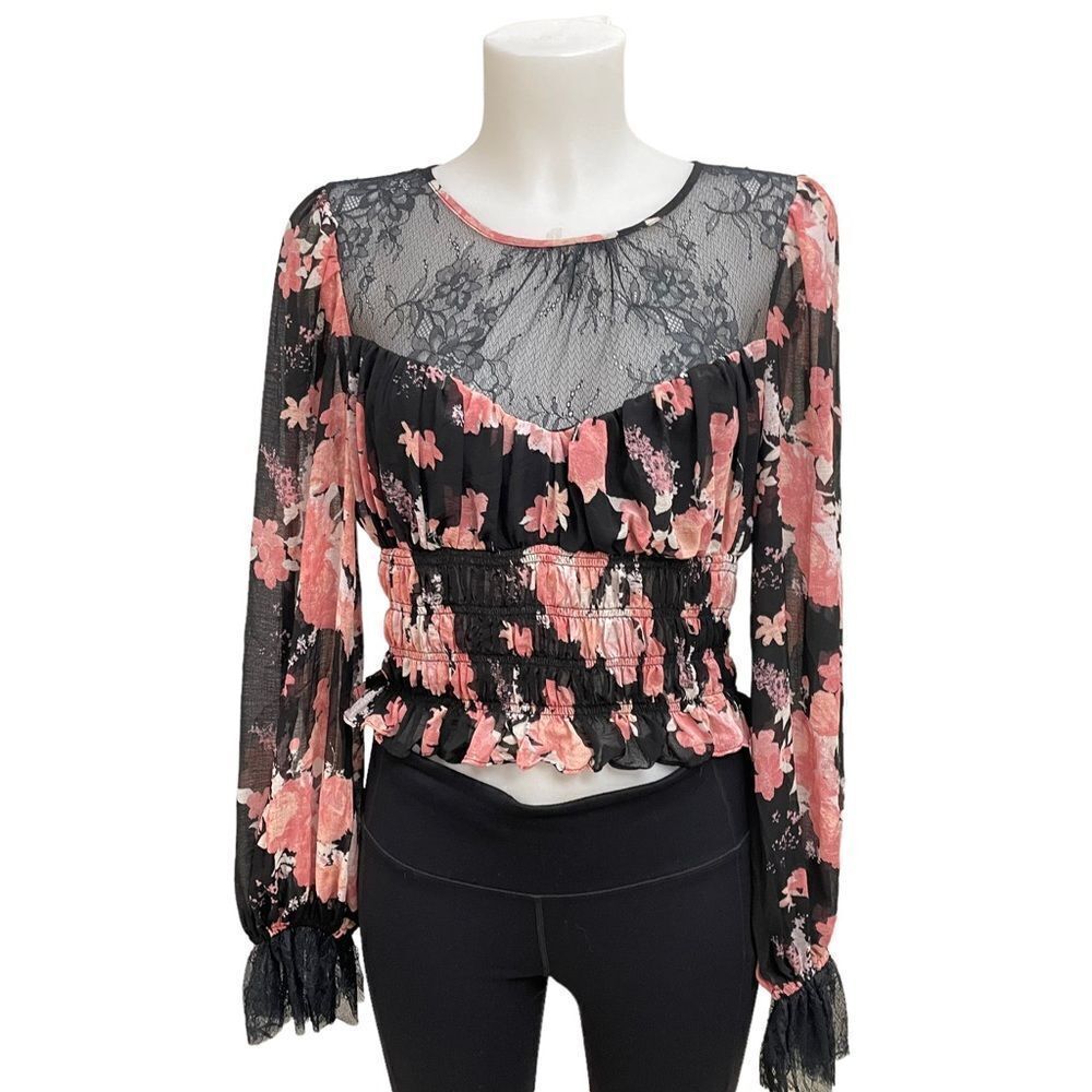 FREE PEOPLE Daphne Blouse Midnight Combo, Lace Smocked Longsleeve sz medium New!
